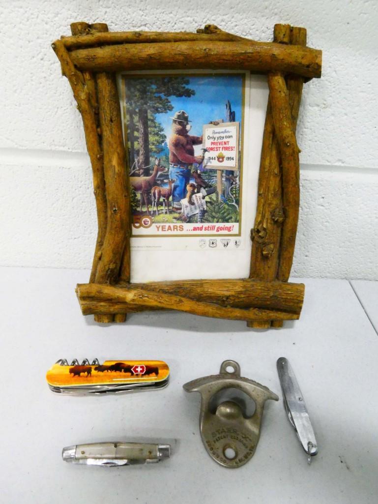 Pocket Knives, Bottle Opener, Smokey the Bear Print, and 2 Monk's Bar & Grill Coca Cola Frisbees: Pocket Knives incl Victorinox Yellowstone National Park Knife, Vintage Bottle Opener, Smokey the Bear Print, and 2 Monk's Bar & Grill Coca Cola Frisbees