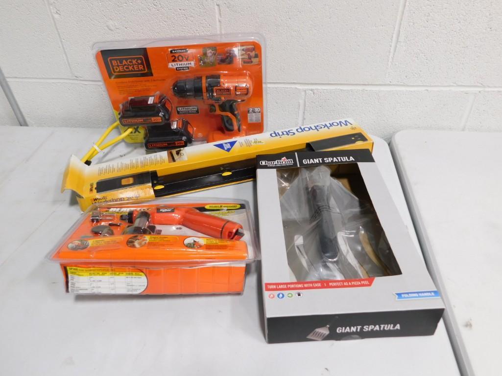 Giant Spatula , Power Strip, Rotary Tool New in Package, Cordless Drill New in Package with 2 Batter: Giant Spatula , Power Strip, Rotary Tool New in Package, Cordless Drill New in Package with 2 Batteries