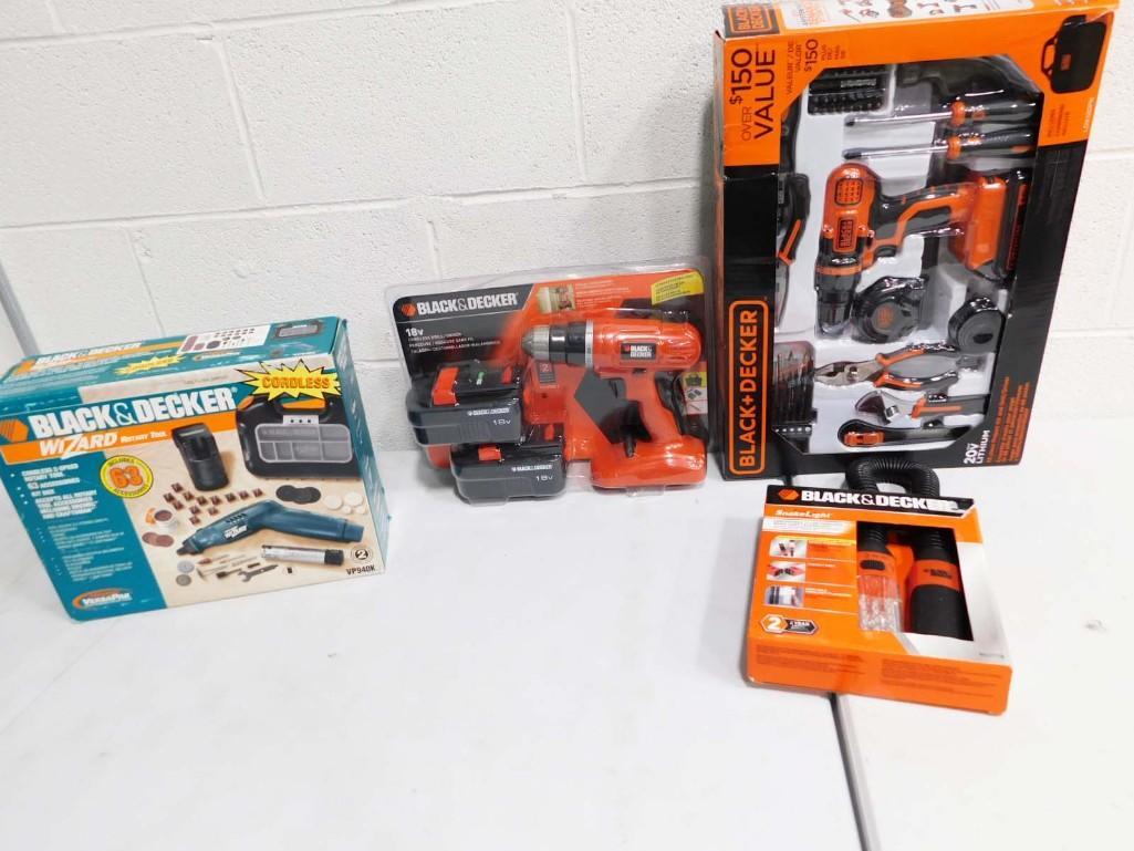 New Black and Decker Tools Lot incl Cordless Drills, Snake Light, Wizard Rotary Tool: New Ope Box Black and Decker Tools Lot incl Cordless Drills, Snake Light, Wizard Rotary Tool