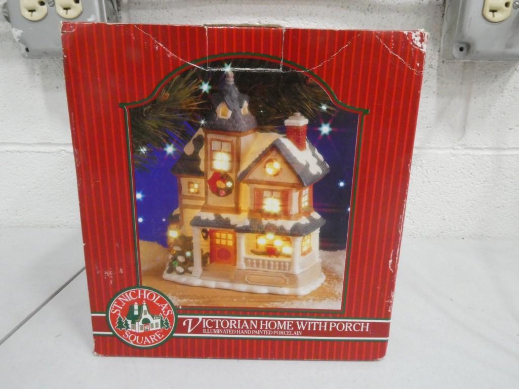 Ceramic Christmas St. Nicholas Square Victorian Home with Porch: Ceramic Christmas St. Nicholas Square Victorian Home with Porch with box