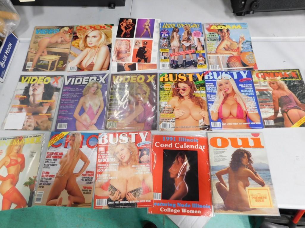 Large Lot of Adult Magazines, etc. Including Premier Issue of Oui from October 1972: Large Lot of Adult Magazines, etc. Including Premier Issue of Oui from October 1972, Adam, Video-X Busty, Cinema X, Hometown Girls, 2000, Busty, Chic, calendar, etc.
