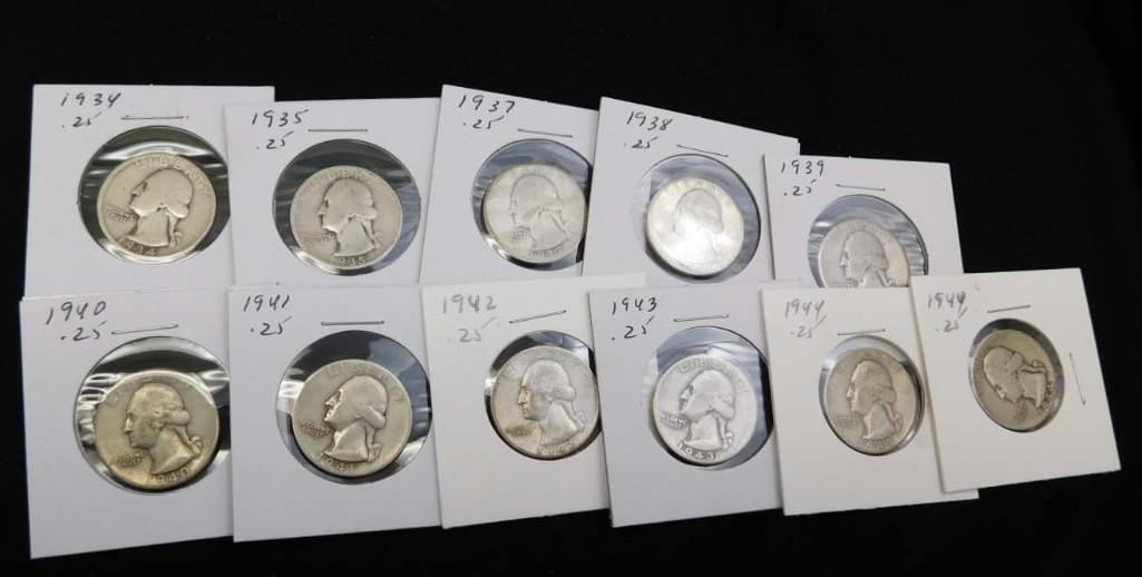 11 Nice Washington Quarters 90% Silver incl 1934, 1935, 1937, 1938, 1939, 1940, 1941, 1942, 1943, an (1 of 6)