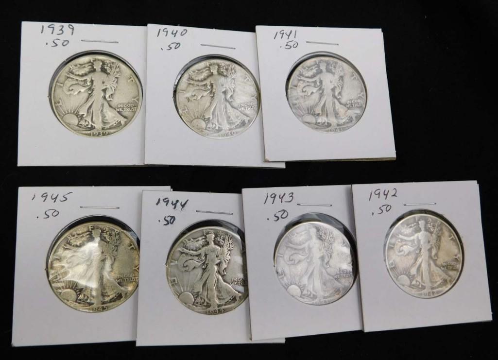 7 Walking Liberty Half Dollars incl 1939, 1940, 1941, 1942, 1943, 1944, 1945 (1 of 7)