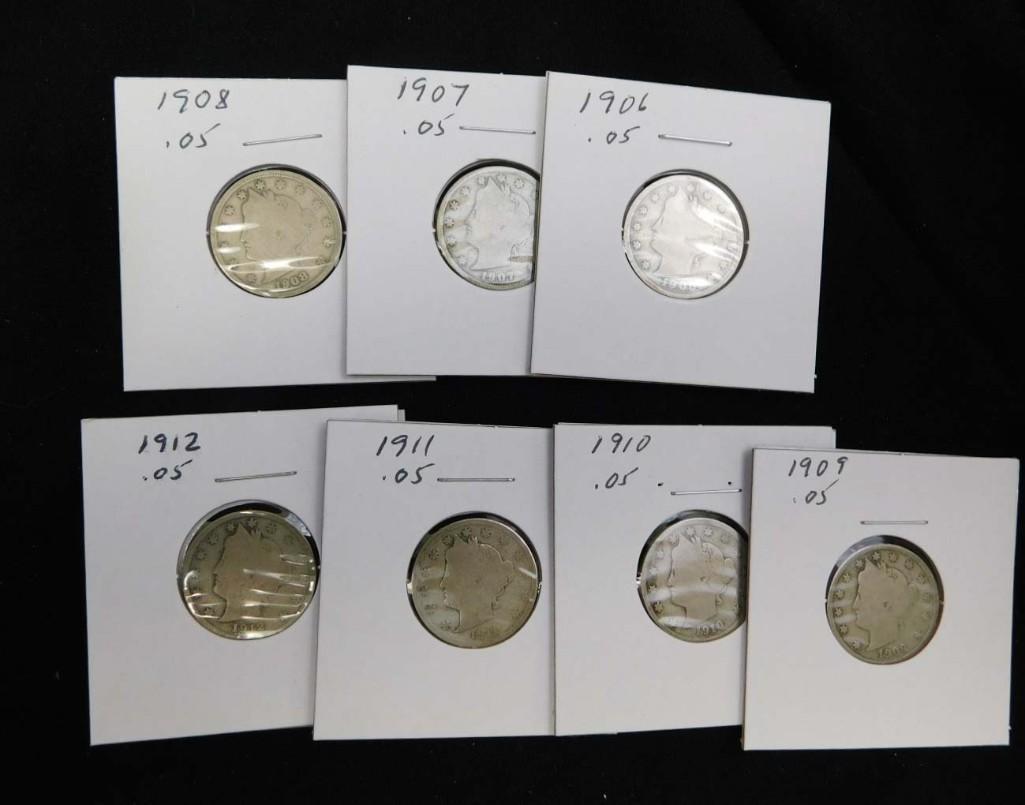 7 Liberty V Nickels incl 1906, 1907, 1908, 1909, 1910, 1911, 1912: 7 Liberty V Nickels incl 1906, 1907, 1908, 1909, 1910, 1911, 1912