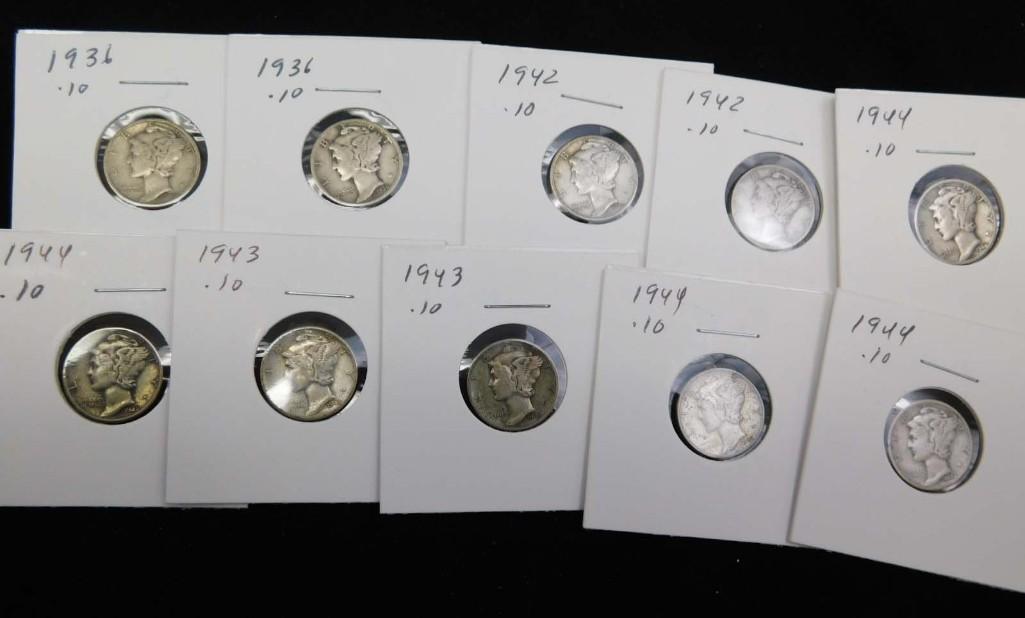 10 Mercury Dimes incl (2) 1936, (2) 1942, (2) 1943, (4) 1944 , All 90% Silver (1 of 6)