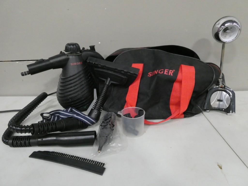 Misc Lot incl Desk Lamp and a Singer Steamer Untested in a Bag: Misc Lot incl Desk Lamp and a Singer Steamer Untested in a Bag