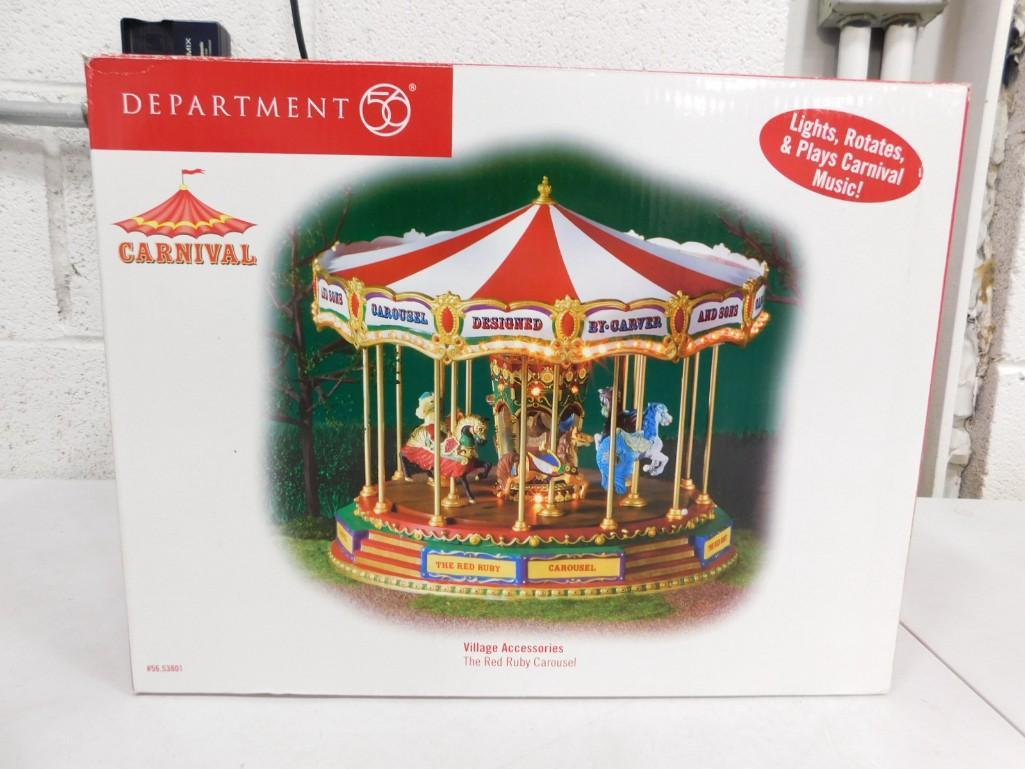 Dept 56 Carnival The Red Ruby Carousel 56.53801: Department 56 Carnival The Red Ruby Carousel 56.53801 . Lights, rotates, and plays carnival music . With original box
