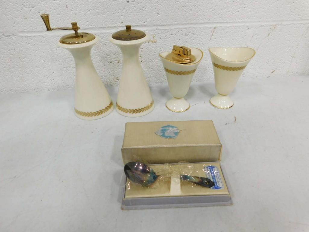 Vtg 1950s Lenox Imperial Porcelain Ronson Cigarette Lighter and Cigarette Holder, Pepper Grinder and: Vtg 1950s Lenox Imperial Porcelain Ronson Cigarette Lighter and Cigarette Holder, Pepper Grinder and Salt Shaker Set. Vintage Kendall North & Company Silverplate Baby Spoon, New Old Stock
