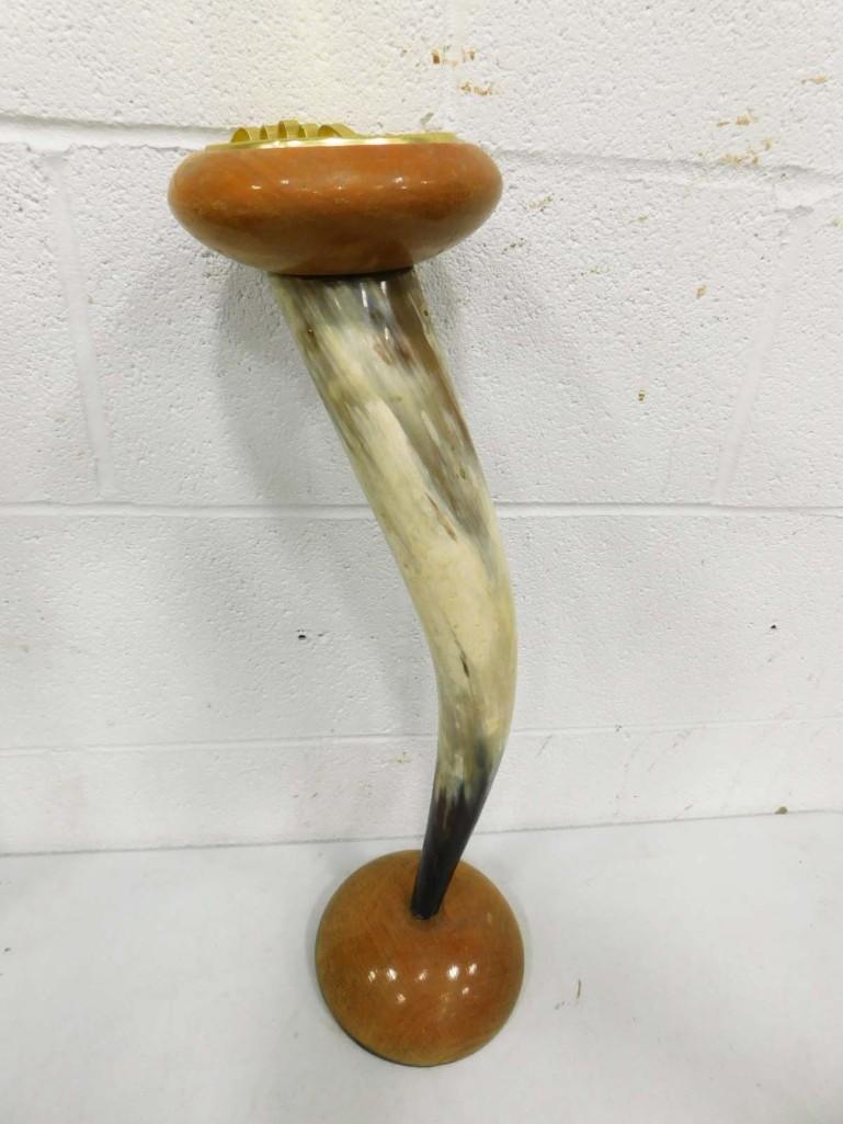 MCM Steer Horn Floor Stand Ashtray Approx 22" Tall with Carved Wood Ends (1 of 5)