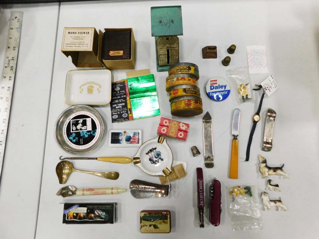 Lot of Smalls incl Bottle Openers, Pocket Knife, Ashtrays, Tiny Porcelain Dogs, etc: Lot of Smalls incl Bottle Openers, Pocket Knife, Ashtrays, Tiny Porcelain Dogs, etc