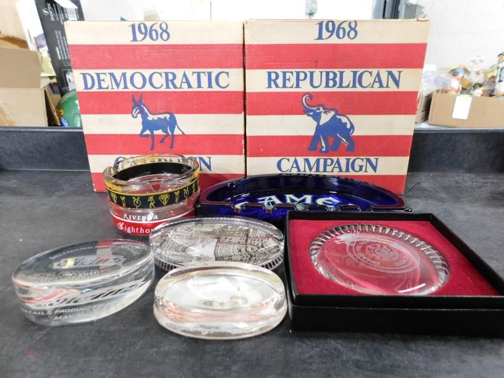 1968 Democratic and Republican Wheaton Bottles, Heinz Paperweight, Camel Cigarettes Ashtray,: 1968 Democratic and Republican Wheaton Bottles, Heinz Paperweight, Camel Cigarettes Ashtray, Riviera Ashtray, Tropicana Ashtray, etc
