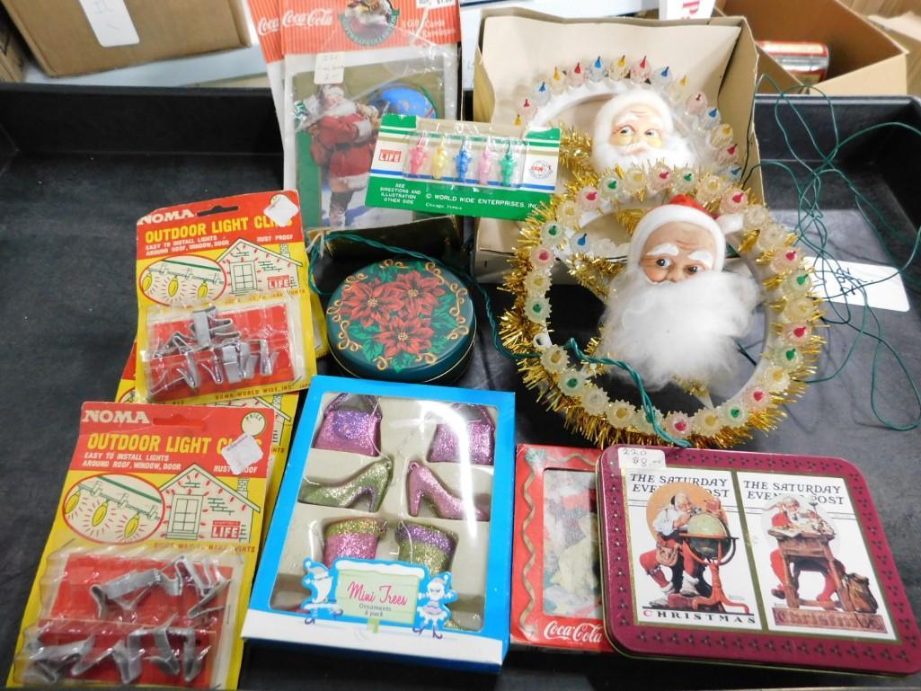 Christmas Ornaments incl Vintage Santas, etc: Christmas Ornaments incl Vintage Santas, etc . Condition: lights are untested