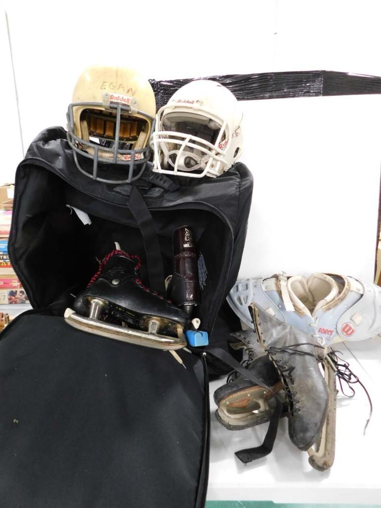 Sports Lot incl Large Nuna Travel Bag, Football Helmets, Shoulder Pads, 2 pr Hockey Skates (1 of 7)