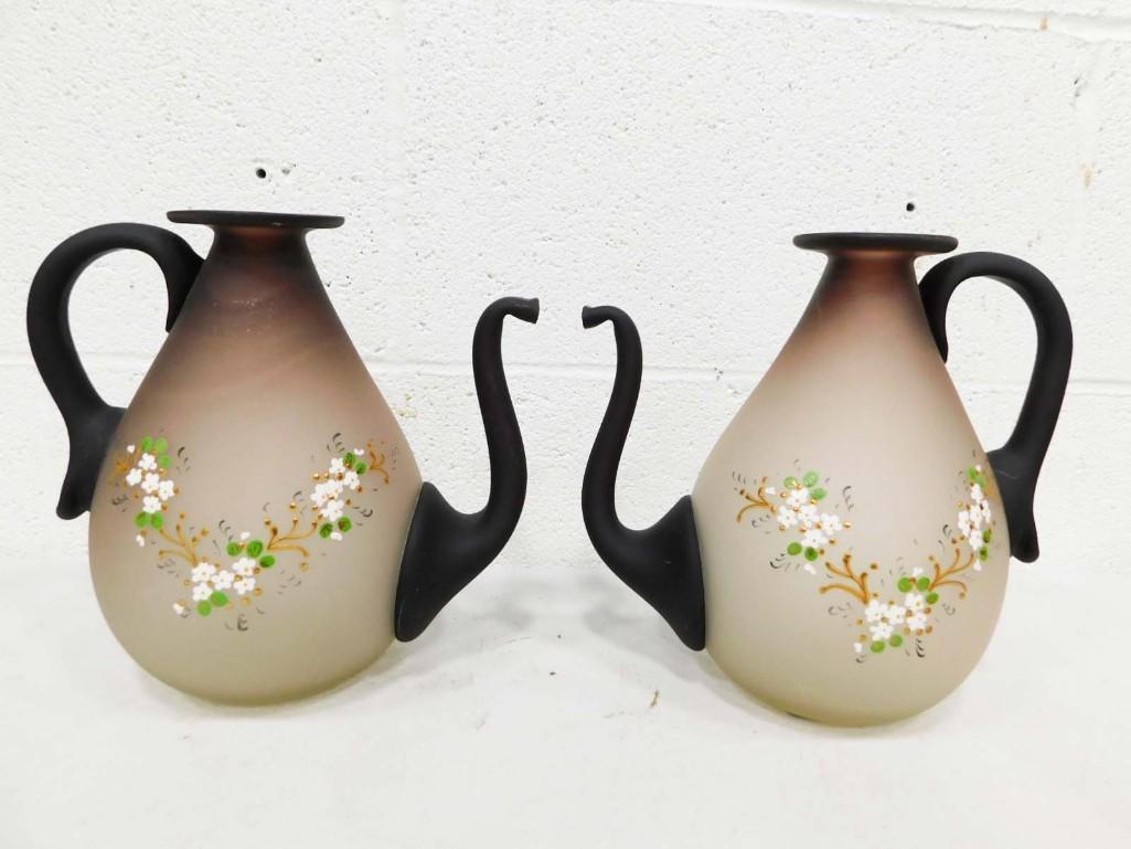 2 Hand Blown Satin Glass Decorative Pitchers with Hand Painted Cherry Blossoms (1 of 5)