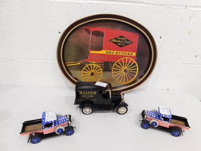 Vtg A&P Metal Bar Tray, Ertl Coin Bank in the Shape of a 1923 Chevrolet Delivery Truck,: Vtg A&P Metal Bar Tray, Ertl Coin Bank in the Shape of a 1923 Chevrolet Delivery Truck, 2 Model 1931 Ford Model A Delivery Truck Toys