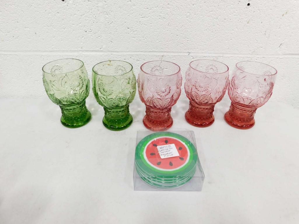3 Pink Glasses and 2 Green Glasses Plus Watermelon Coasters from Marshall Fields: 3 Pink Glasses and 2 Green Glasses Plus Watermelon Coasters from Marshall Fields