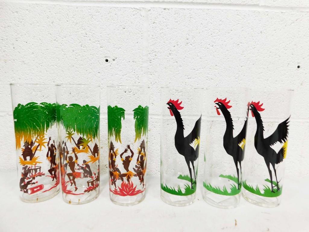 Mid Century Federal Glass Bar Glasses incl 3 Roosters and 3 Dancing Natives: Mid Century Federal Glass Bar Glasses incl 3 Roosters and 3 Dancing Natives