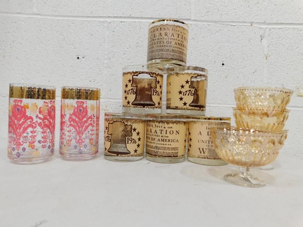 Bicentennial Low Ball Glasses, Anthropologie Pink and Gold Glasses, Anthropologie Kellie Mini Coupe: Bicentennial Low Ball Glasses, Anthropologie Pink and Gold Glasses, Anthropologie Kellie Mini Coupe Glasses