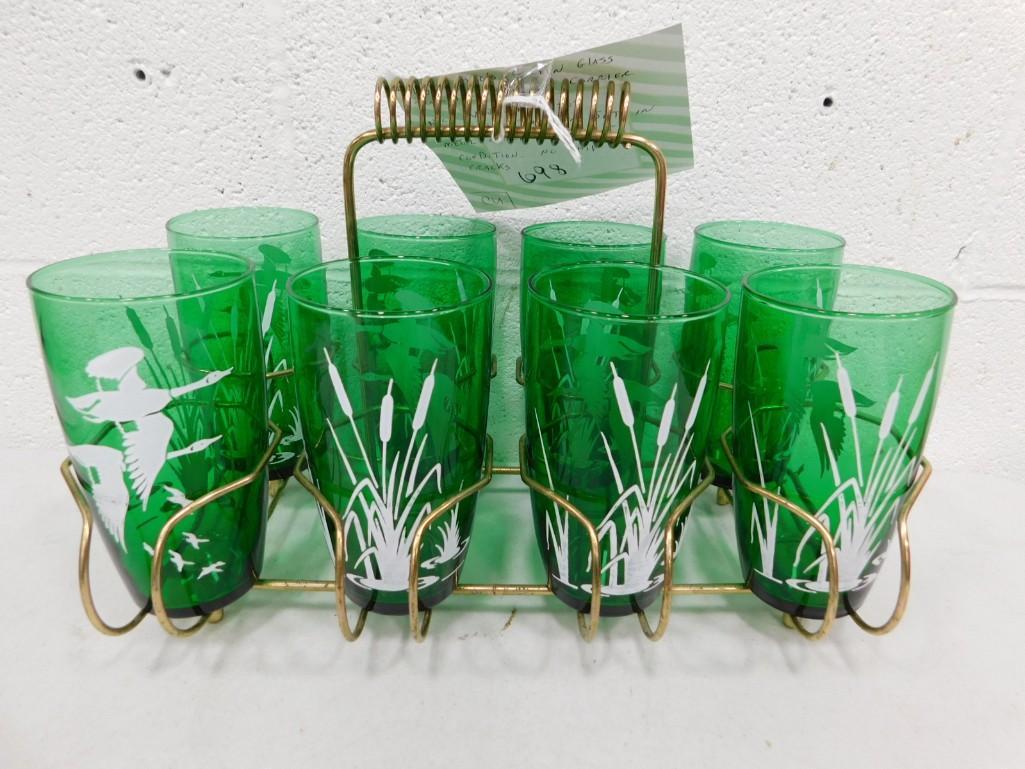 Vintage Anchor Hocking Forest Green Geese with Cattails Tumbler Set with Carrier (1 of 3)