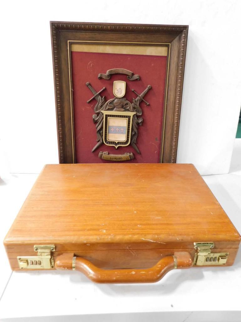 Vintage Wood Briefcase with Combo and Framed Family Crest (1 of 3)