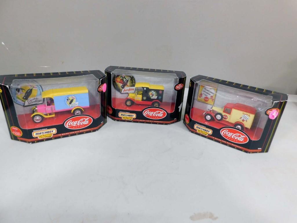 3 Matchbox Coca Cola Special Edition Holiday Vehicles incl #2 1930 Model A Valentine's Day, 1926 For: 3 Matchbox Coca Cola Special Edition Holiday Vehicles incl #2 1930 Model A Valentine's Day, 1926 Ford Model TT Easter, and 1912 Ford Model T Independence Day. All new in package