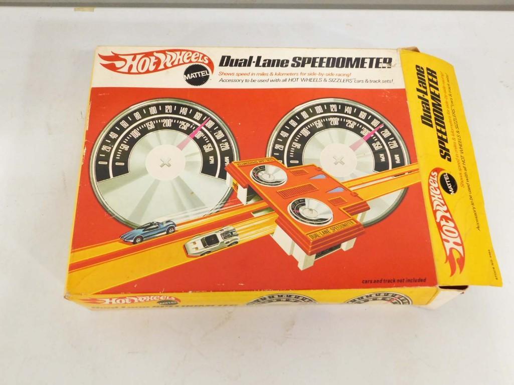Vintage Mattel Hot Wheel Dual Lane Speedometer with Original Box: Vintage Mattel Hot Wheel Dual Lane Speedometer with Original Box . All stickers are still on the toy and it works. Comes with the original instructions. Rare. A blast from the past.