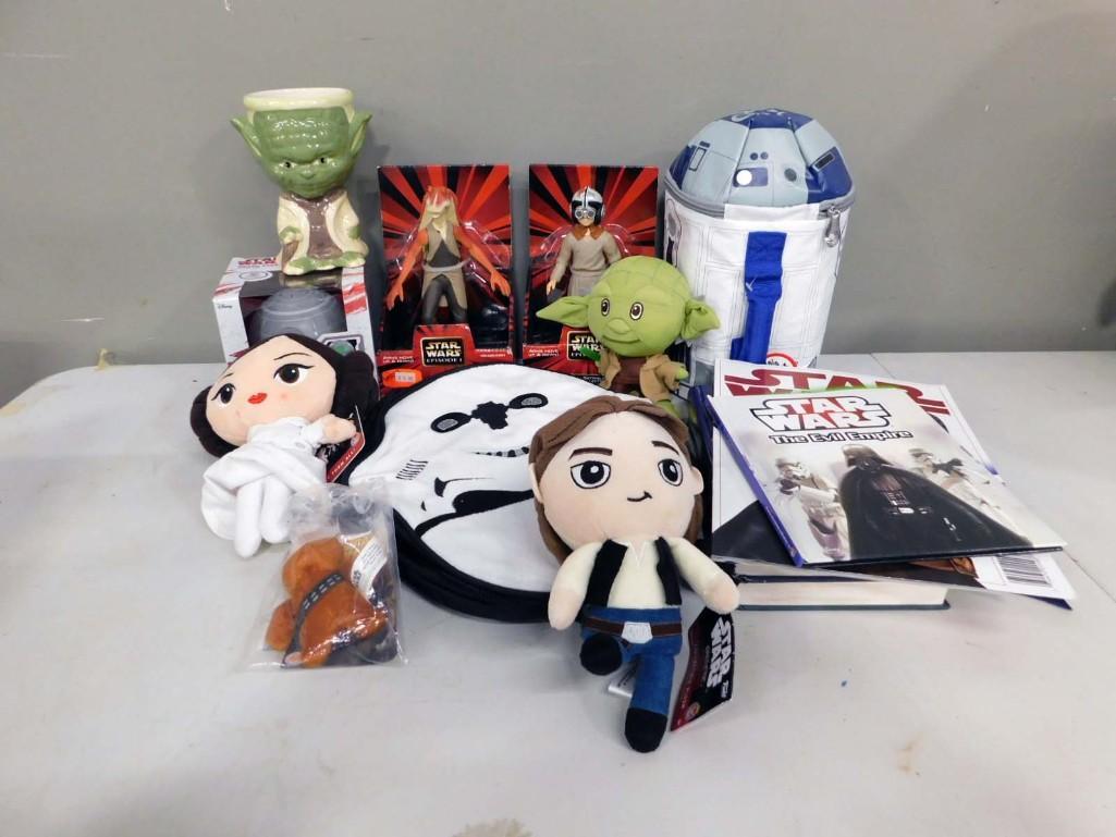 Star Wars Plushies Leia , Yoda , and Han Solo Collectible Plush Figures . Star Wars Death Star Kitch: Star Wars Lot including Star Wars Plushies Leia , Yoda , and Han Solo Collectible Plush Figures . Star Wars Death Star Kitchen Timer NIB . Star Wars Episode I Anikan Skywalker and Jar Jar Binks Posabl