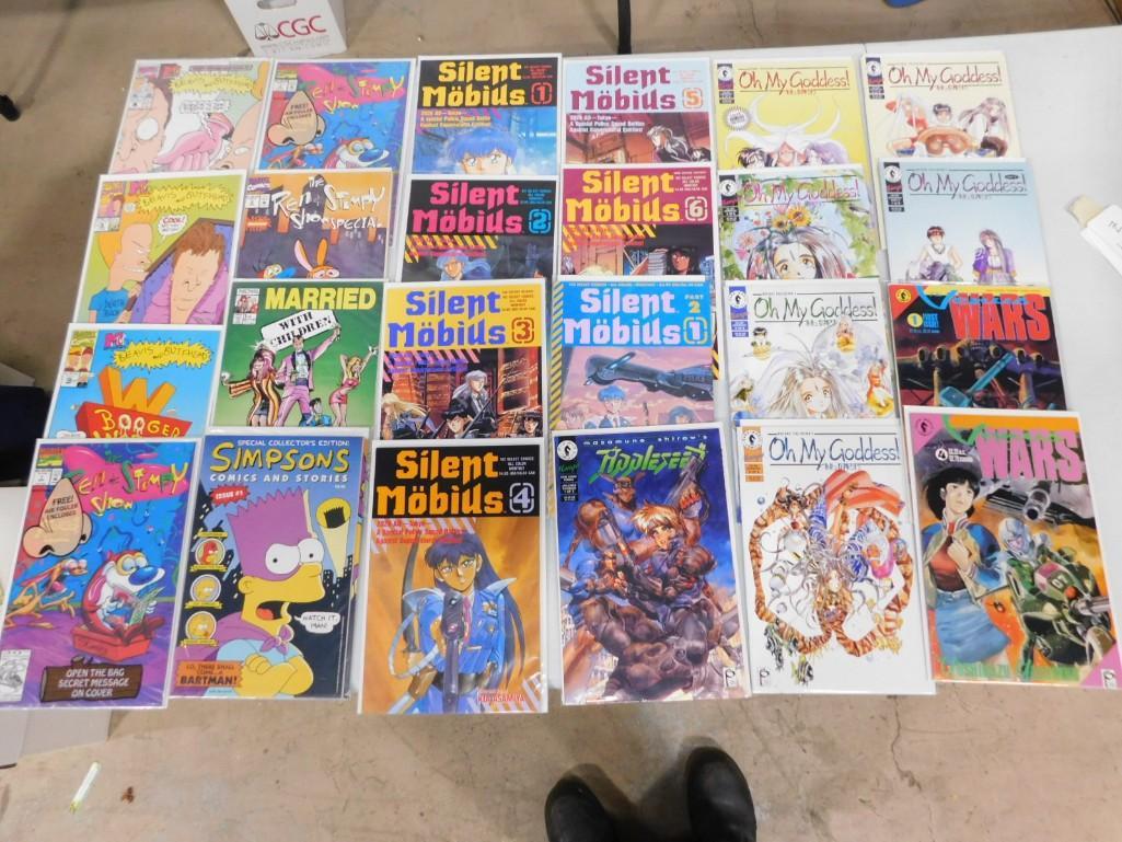 Mixed Lot of 24 Comic books including Marvel, Bongo, Now, Viz, Dark Horse, etc.: Mixed Lot of 24 Comic books including Marvel, Bongo, Now, Viz, Dark Horse, etc. - includes Beavis & Butthead, Ren & Stimpy, Married with Children, Simpsons, Silent Mobius, Oh My Goddess, Apple