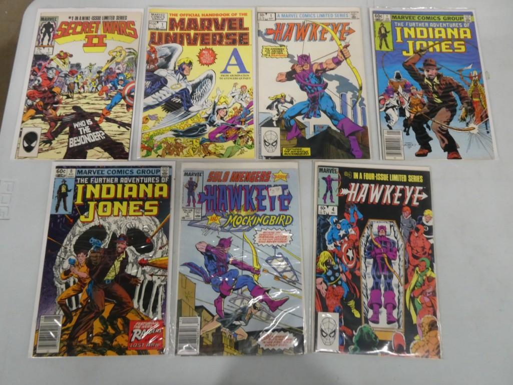 Lot of 7 Marvel Comics Hawkeye, Indiana Jones, Secret Wars II, Marvel Universe (1 of 5)