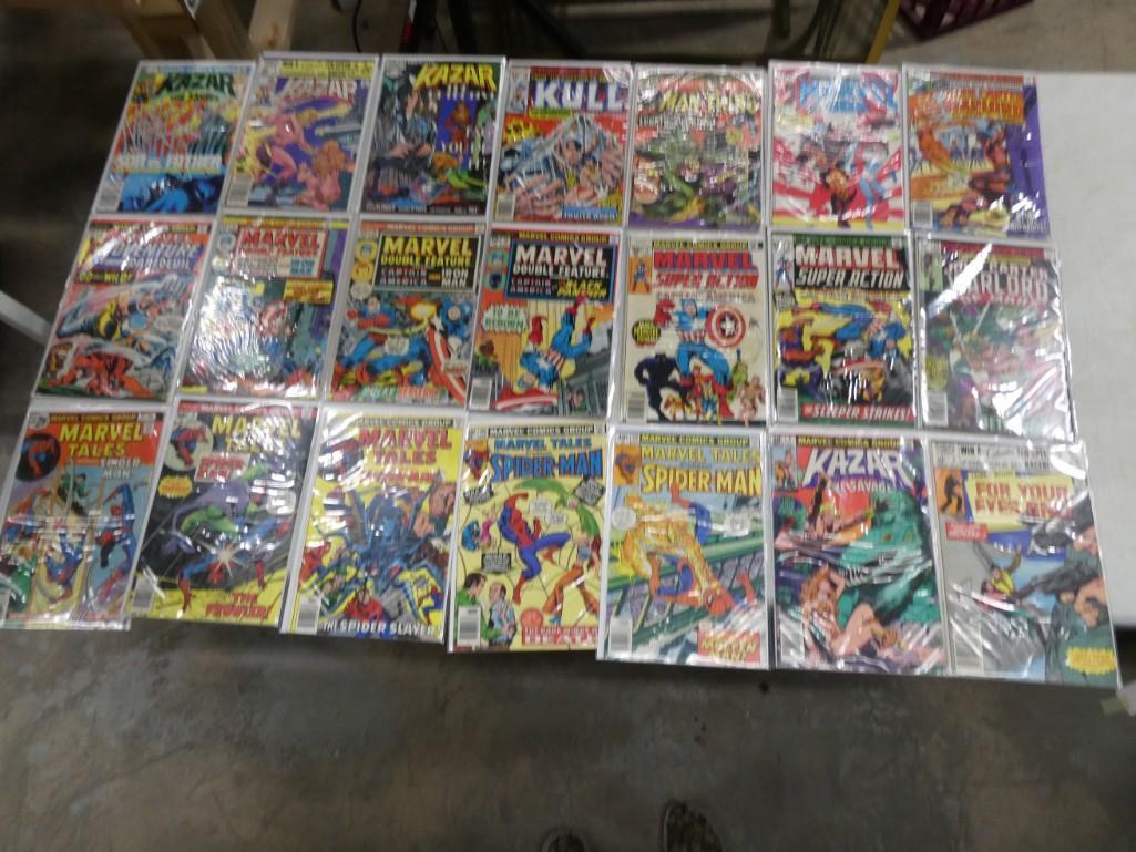 Lot of 21 Assorted Comics including Kazar, Marvel Tales, Marvel Adventure, Double Feature, etc.: Lot of 21 Assorted Comics including Kazar, Marvel Tales, Marvel Adventure, Double Feature, Kull, Super Action, Man Thing, Spider-Man, James Bond, John Carter Warlord of Mars, etc.