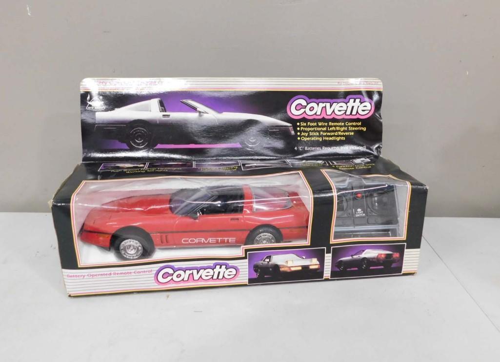 Vintage 1988 New Bright Battery Operated RC Corvette No. 2177 in Original Box: Vintage 1988 New Bright Battery Operated RC Corvette No. 2177 in Original Box. Has a 6 ft long wire remote control. 4 C Batteries are required and not included. Condition: appears to be new old stock,