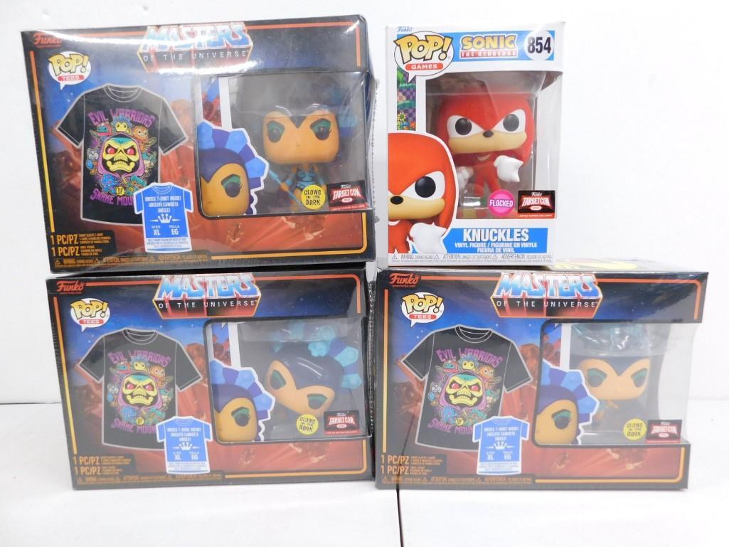 4 Funko Pop Toys incl 1 Sonic the Hedgehog Knuckles and 3 Masters of the Universe Evil Lyn with Shir: 4 Funko Pop Toys incl 1 Sonic the Hedgehog Knuckles 854 and 3 Masters of the Universe Evil Lyn Glow in the Dark Pops with Shirts