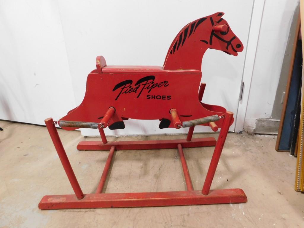 Vintage The Wonder Horse with Pied Piper Shoes Advertising Ride On Toy Wood with Springs Rocking: Vintage The Wonder Horse Ride On Toy with Pied Piper Shoes Advertising on the sides. Wood with Springs Rocking or Bouncy Pony . This probably served as a store display and to keep the kids busy while