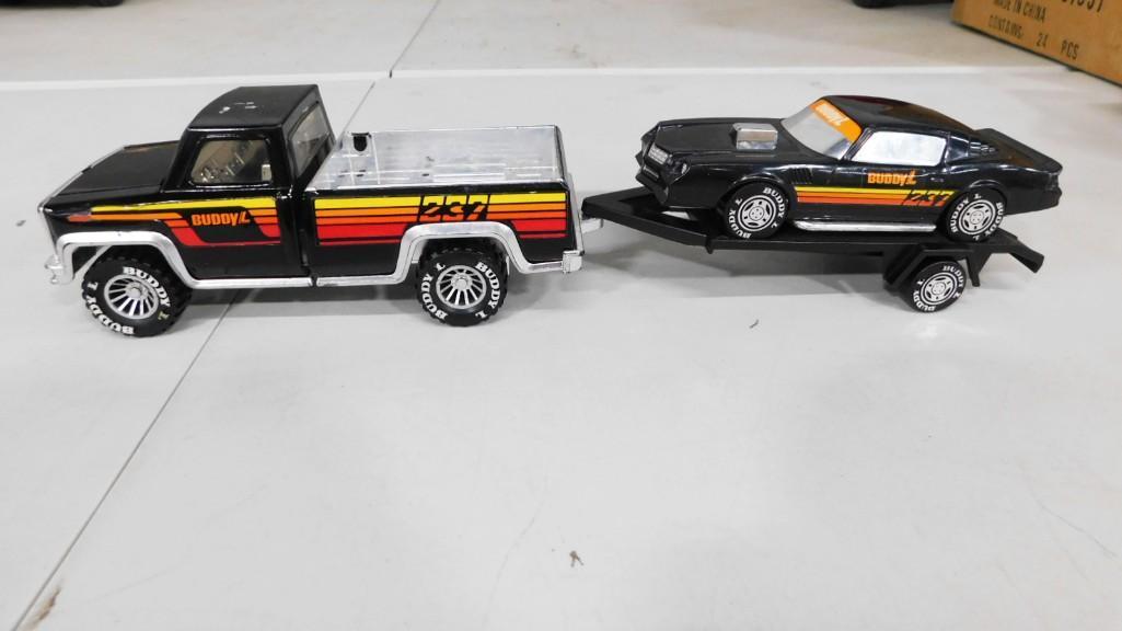 Buddy L Die Cast Truck with Trailer and Car: Buddy L Die Cast Pick Up Truck with Trailer and Car