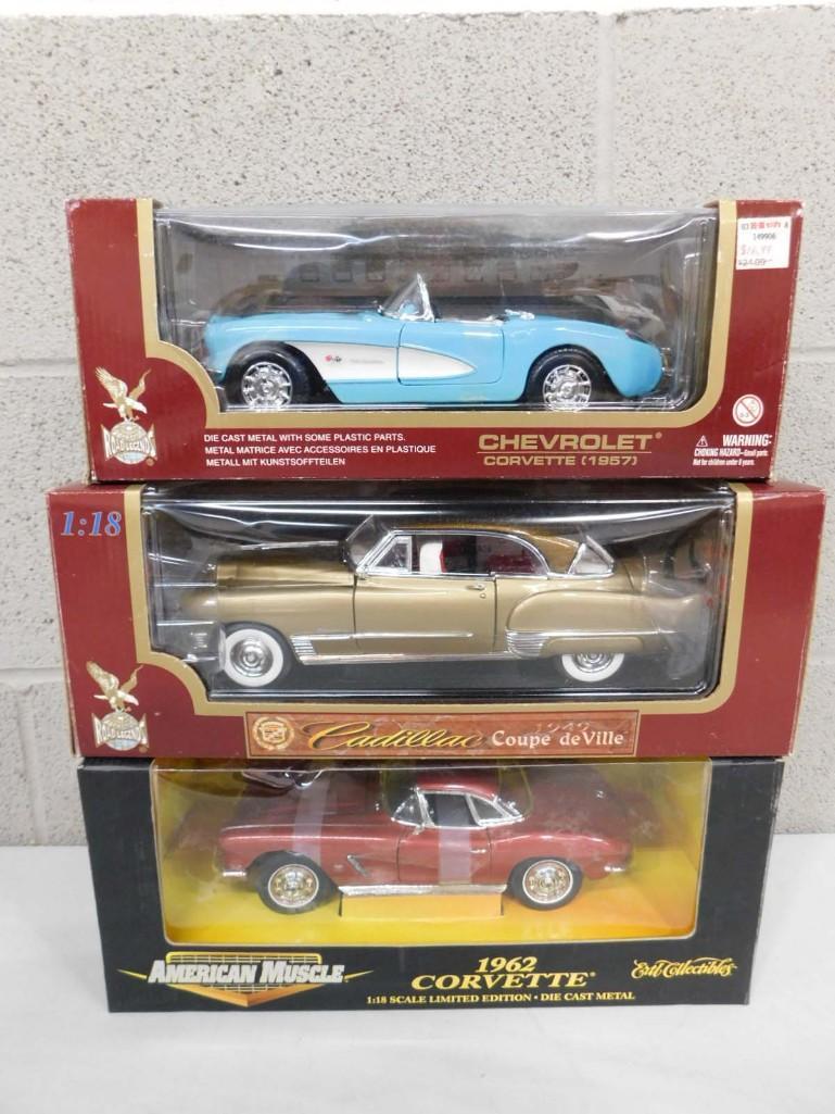 3 Die Cast Cars 1:18 Scale incl Ertl American Musscle 1962 Corvette, Road Legends 1957 Chevrolet Cor: 3 Die Cast Cars 1:18 Scale incl Ertl American Muscle 1962 Corvette, Road Legends 1957 Chevrolet Corvette Convertible and Road Legends Cadillac Coupe De Ville All in original boxes