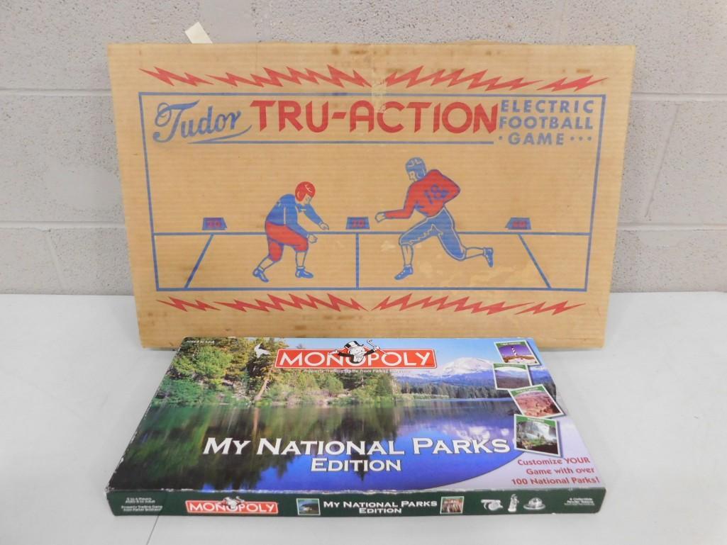 Vintage Tudor Tru-Action Electric Football Game and Monopoly My National Parks Edition: Vintage Tudor Tru-Action Electric Football Game and Monopoly My National Parks Edition Condition: unchecked for completeness. Football game is untested