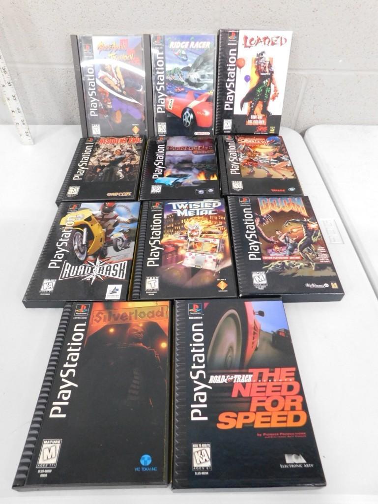 Lot of 11 Sony PlayStation Games in the old oversized Cases: Lot of 11 Sony PlayStation Games in the old over sized Cases - includes Twisted Metal, Doom, Resident Evil, Road Rash, Battle Arena, Ridge Racer, Loaded, Silverload, The Need For Speed, Destruction De