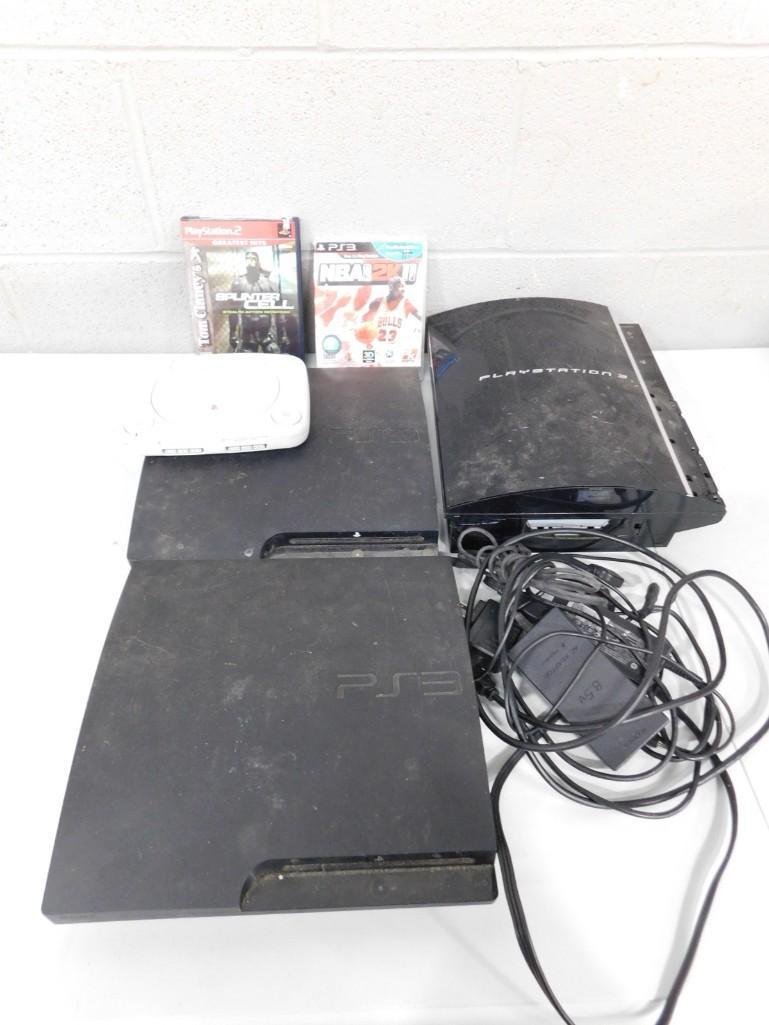 Sony PlayStation Lot including PS1 PS 2 PS3, some wires, games, etc.: Sony PlayStation Lot including PS1 PS 2 PS3, some wires, games, etc. Comes with only what is shown, Most likely not all of the wiring is included. These are untested.