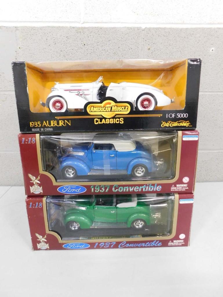 3 Die Cast Cars incl Ertl American Muscle Classics 1935 Auburn 1:18 Scale, 2 Road Legends Ford 1937: 3 Die Cast Cars incl Ertl American Muscle Classics 1935 Auburn 1:18 Scale, 2 Road Legends Ford 1937 Convertibles 1:18 Scale, All in original boxes