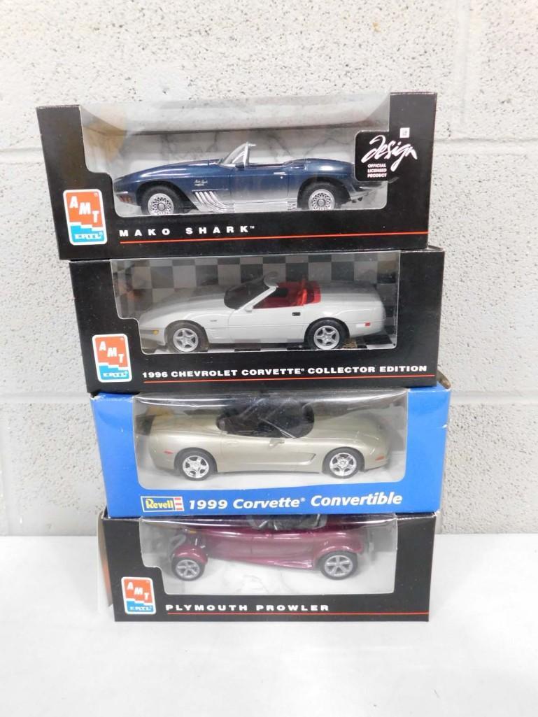 4 Die Cast Model Cars incl Ertl AMT Mako Shark, Ertl AMT 1996 Chevrolet Corvette Collector Edition,: 4 Die Cast Model Cars incl Ertl AMT Mako Shark, Ertl AMT 1996 Chevrolet Corvette Collector Edition, Revell 1999 Corvette Convertible, Ertl AMT Plymouth Prowler . All in original boxes