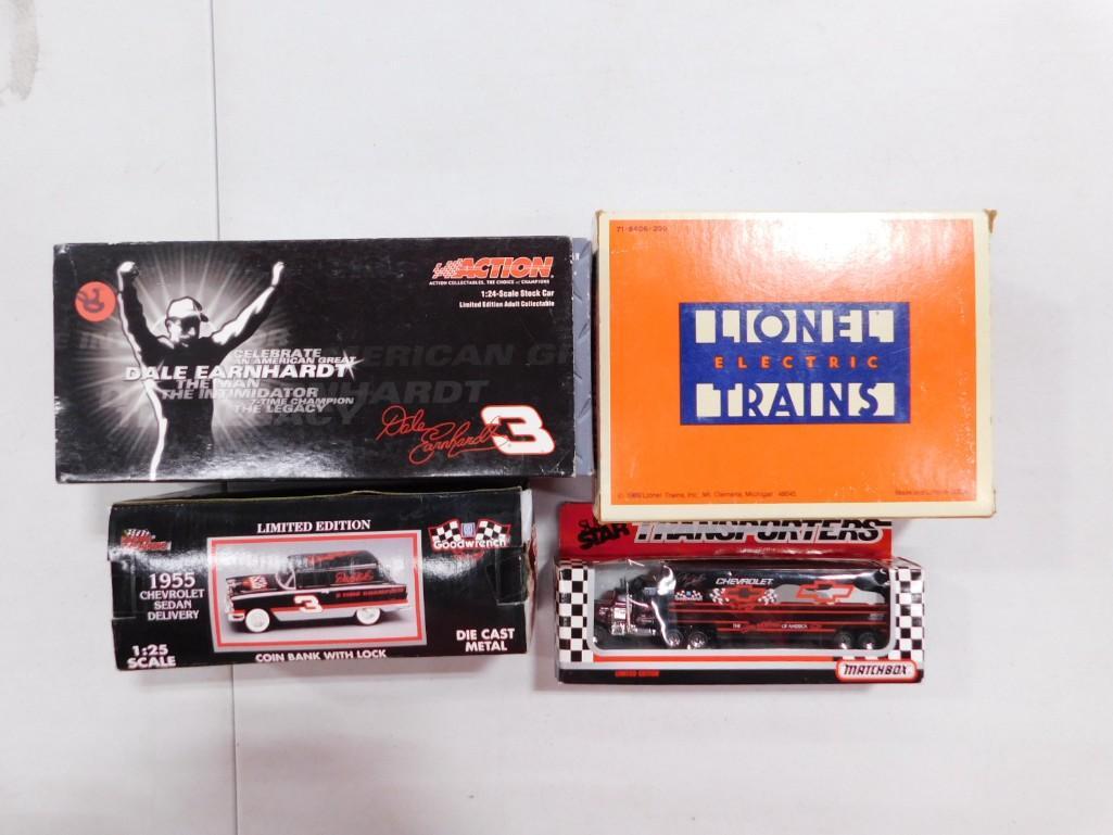 1989 Lionel 18406 Operating Track Maintenance Car New Old Stock: 1989 Lionel 18406 Operating Track Maintenance Car New Old Stock, Dale Earnhardt 1:24 Scale Stock Car, 1955 Chevrolet Sedan Coin Bank 1:25 Scale, and Matchbox Chevy Super Star Transporter Truck - all w