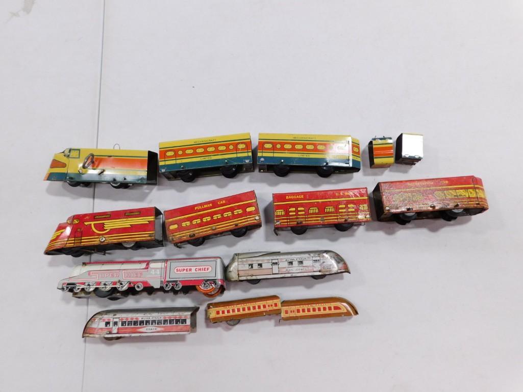 Lot of vintage Metal Wind-up Toy Trains: Lot of vintage Metal Wind-up Toy Trains including Mehcanicraft Limited, Super Chief, Pullman, Silver Streak, etc.