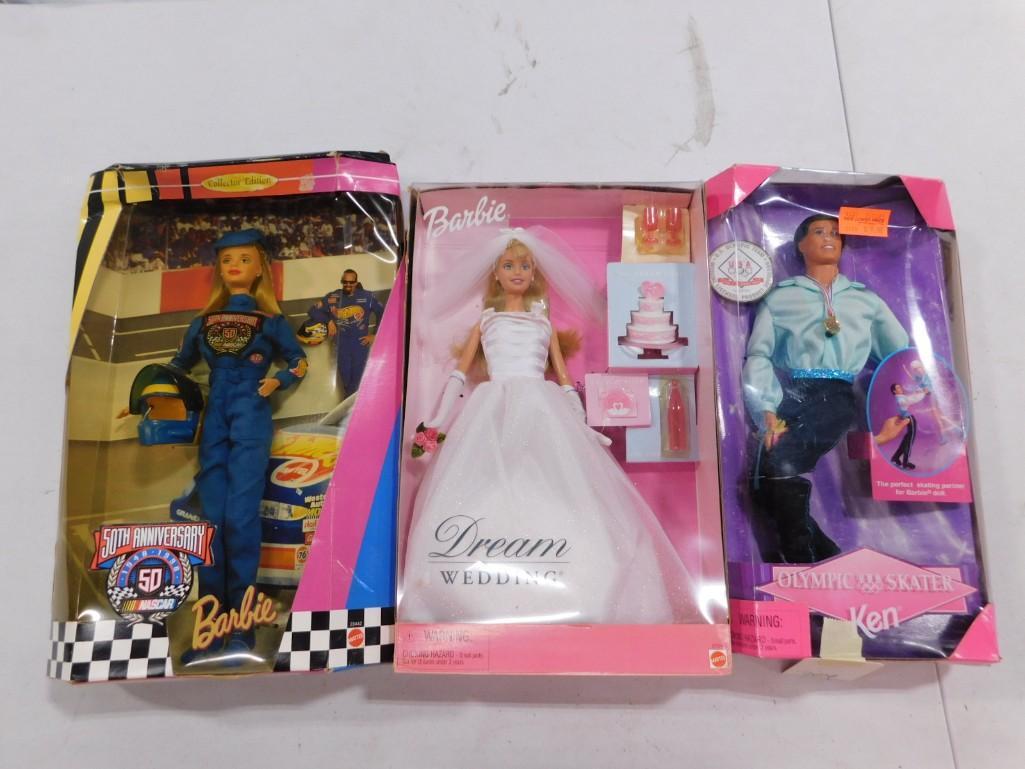 Lot of 3 Mattel Barbie Dolls including 50h Anniversary NASCAR, Dream Wedding and Olympic Skater Ken: Lot of 3 Mattel Barbie Dolls including 50h Anniversary NASCAR, Dream Wedding and Olympic Skater Ken - all new in boxes. Barbie and Ken seem to lead much more interesting lives than most people it seem