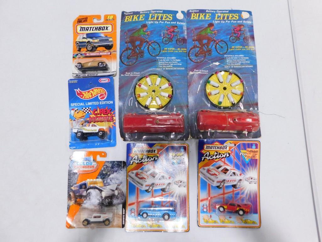 Lot of Matchbox and Hot Wheels Cars New in Package and two sets of Bike Lites: Lot of Matchbox and Hot Wheels Cars New in Package and two sets of Bike Lites
