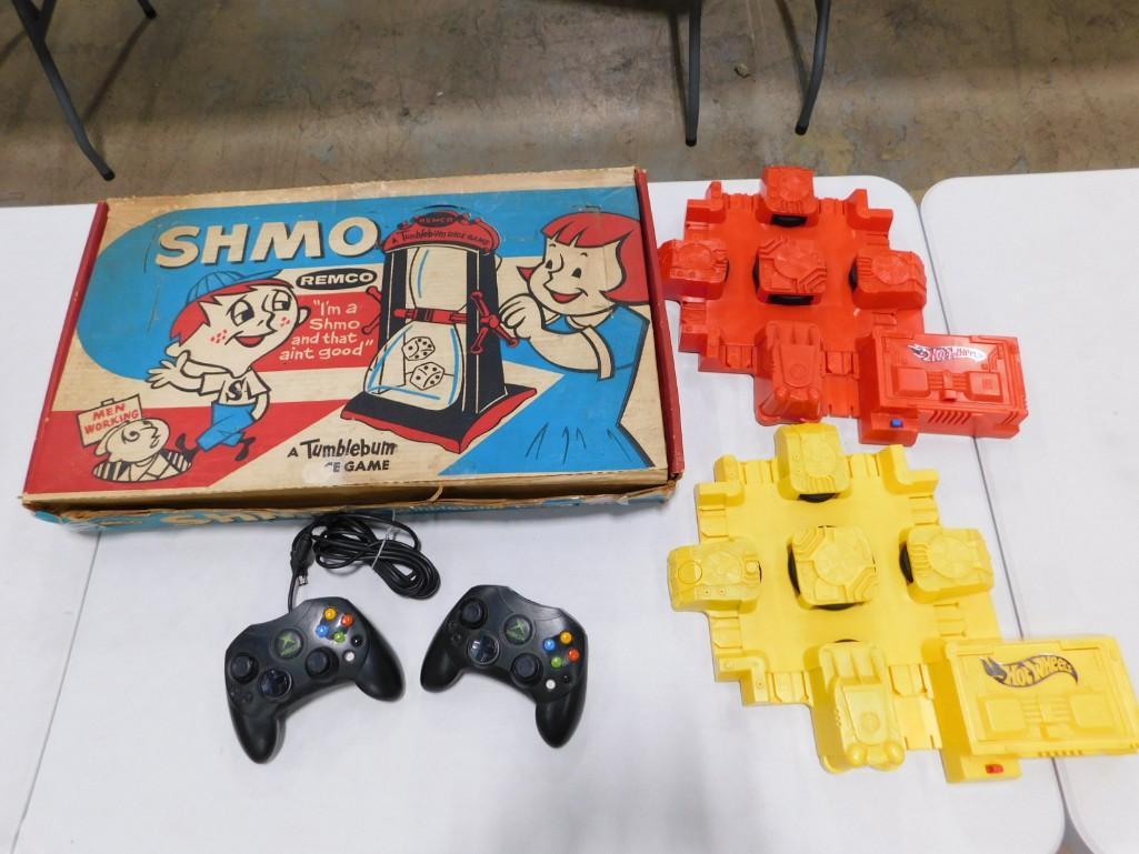Lot of XBox Controllers, Vintage Shmo Board Game and Hot Wheels Accessories: Lot of XBox Controllers, Vintage Shmo Board Game and Hot Wheels Accessories - Game comes with everything shown