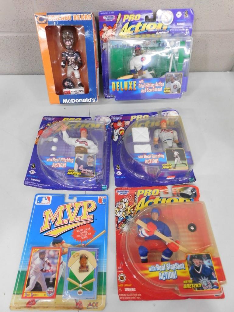 Lot of Sports Action Figures incl Wayne Gretzky, Greg Maddux, Chipper Jones,: Lot of Sports Action Figures incl Wayne Gretzky, Greg Maddux, Chipper Jones, etc plus 2 MVP Collectors pins and a McDonalds Chicago Bears Anthony Thomas Bobblehead