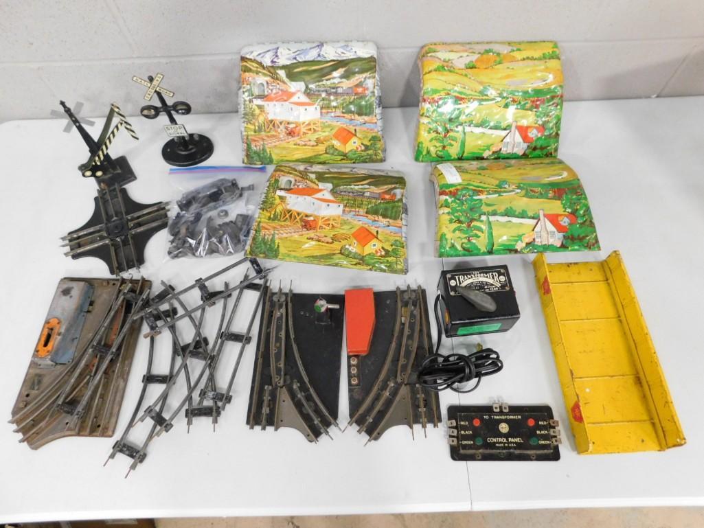 Lot of Very Old Train Tracks, Marx Transformer, Metal Displays, etc.: Lot of Very Old Train Tracks, Marx Transformer, Metal Displays, etc. Some appears to be O Scale