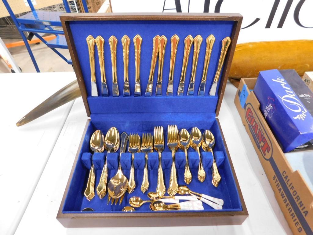 Gold Tone Flatware in a Wood Box: Gold Tone Flatware in a Wood Box