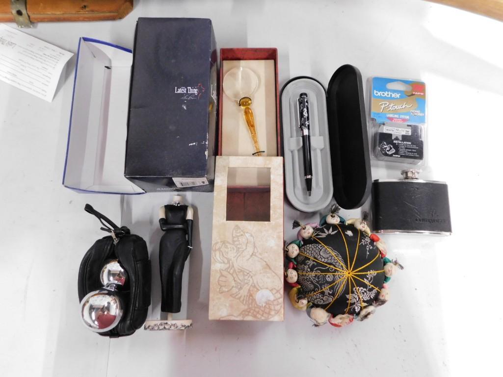 Lot of Smalls incl Pen, Flask, Pincushion, etc: Lot of Smalls incl Pen, Flask, Pincushion, etc