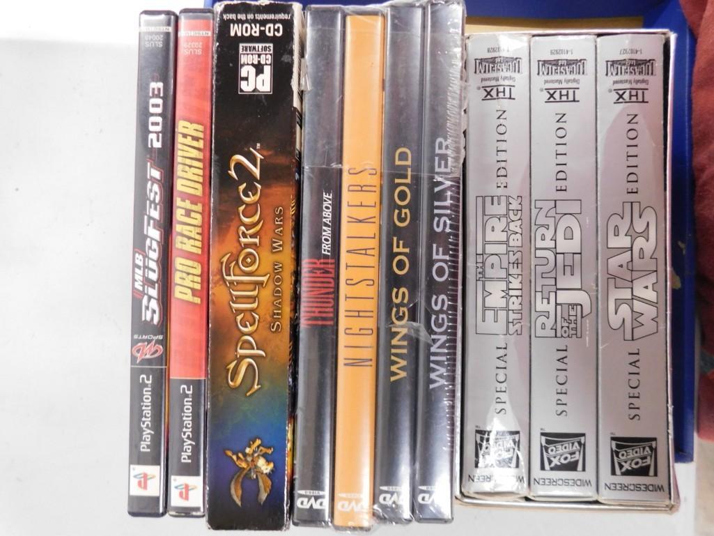 Star Wars Trilogy VHS, 2 Playstation Games, 4 DVDs, and a CD Rom: Star Wars Trilogy VHS including Star Wars Special Edition, The Empire Strikes Back, Return of the Jedi, 2 Playstation Games including MLB Slugfest, and Pro Race Driver , 4 DVDs, and a CD Rom